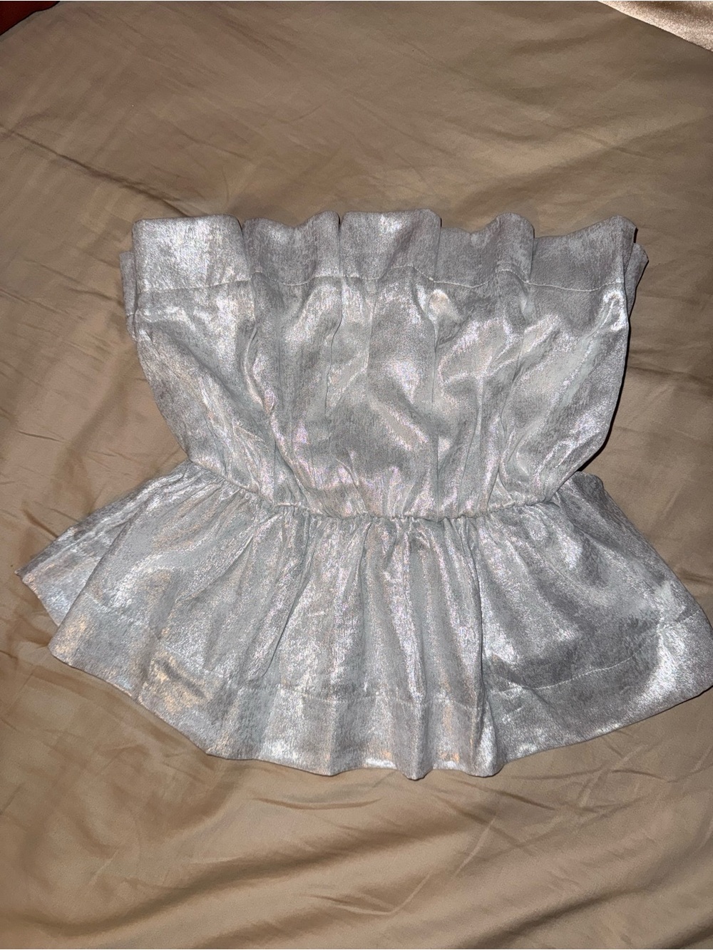 TCEC Silver Metallic Strapless Peplum Crop Top
